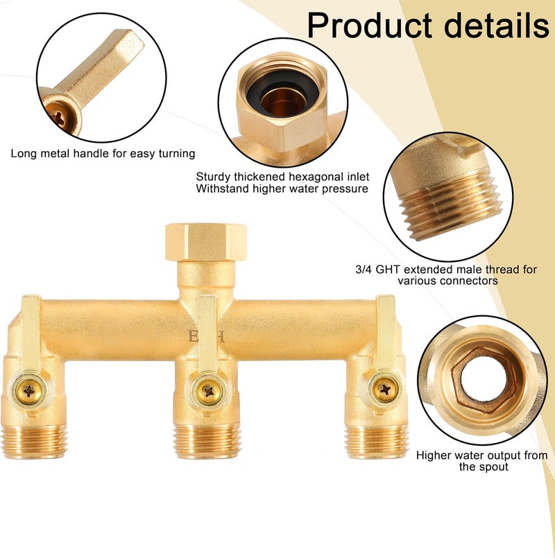 EBH Brass Garden Hose Splitter, 3 Way High Flow Outdoor Faucet Splitter,Full Flow 3-Way Brass Heavy Duty Hose Splitter With 3 Long Metal Handle and Individual On/Off Valve。 - Image 3